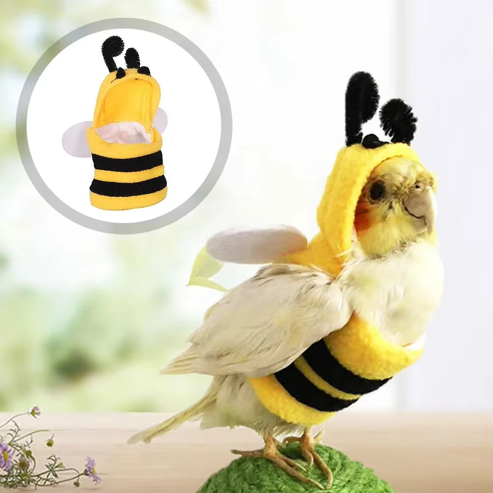 Funny Bee Shaped Birds Clothes Flying Suit Parrots Costume Cosplay Winter Warm Hat Hooded Pet Accessories for Parakeet Cockatiel